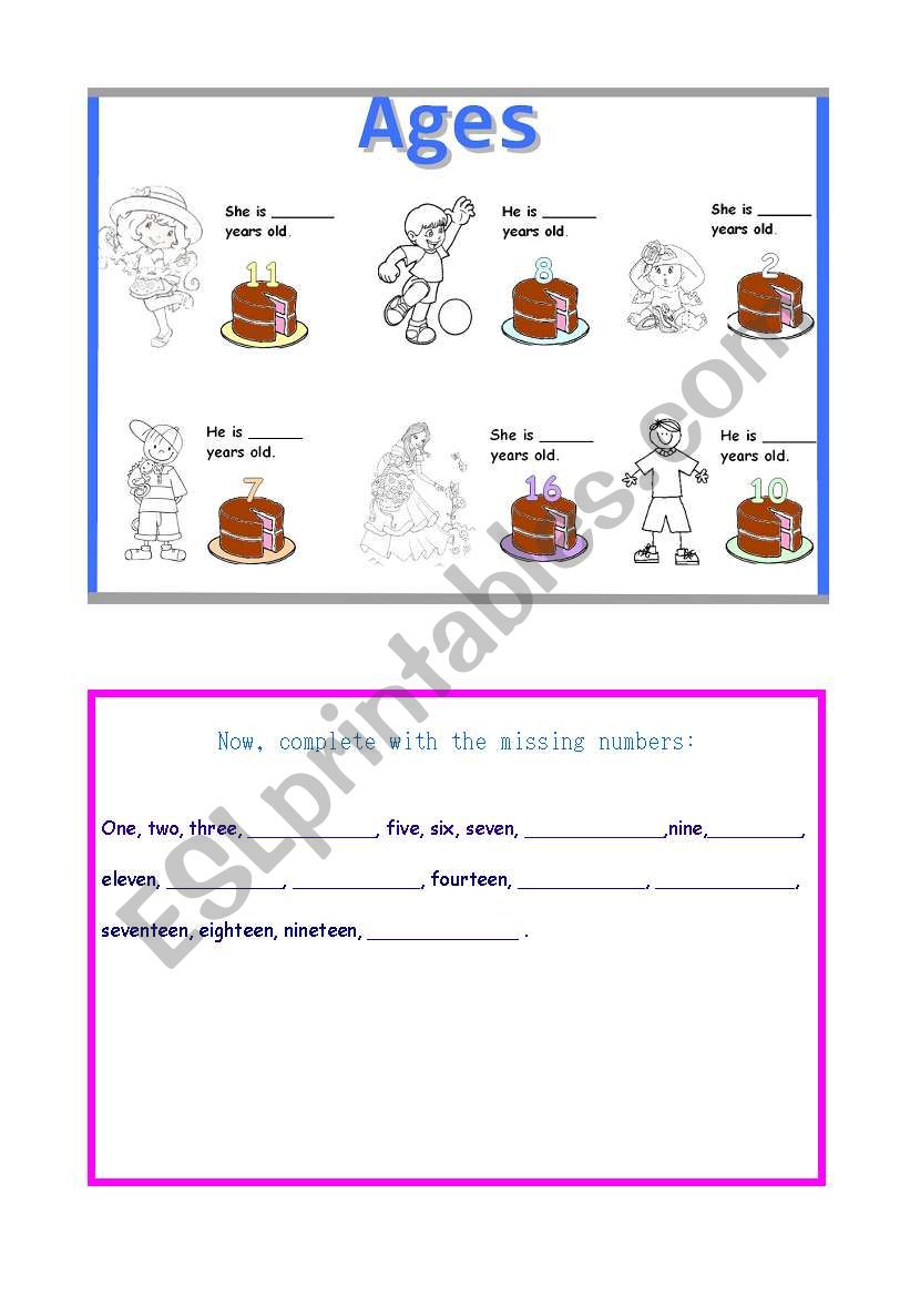 Ages (numbers 1 - 20) worksheet