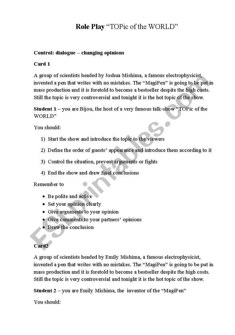 Role Play TOPic of the WORLD worksheet