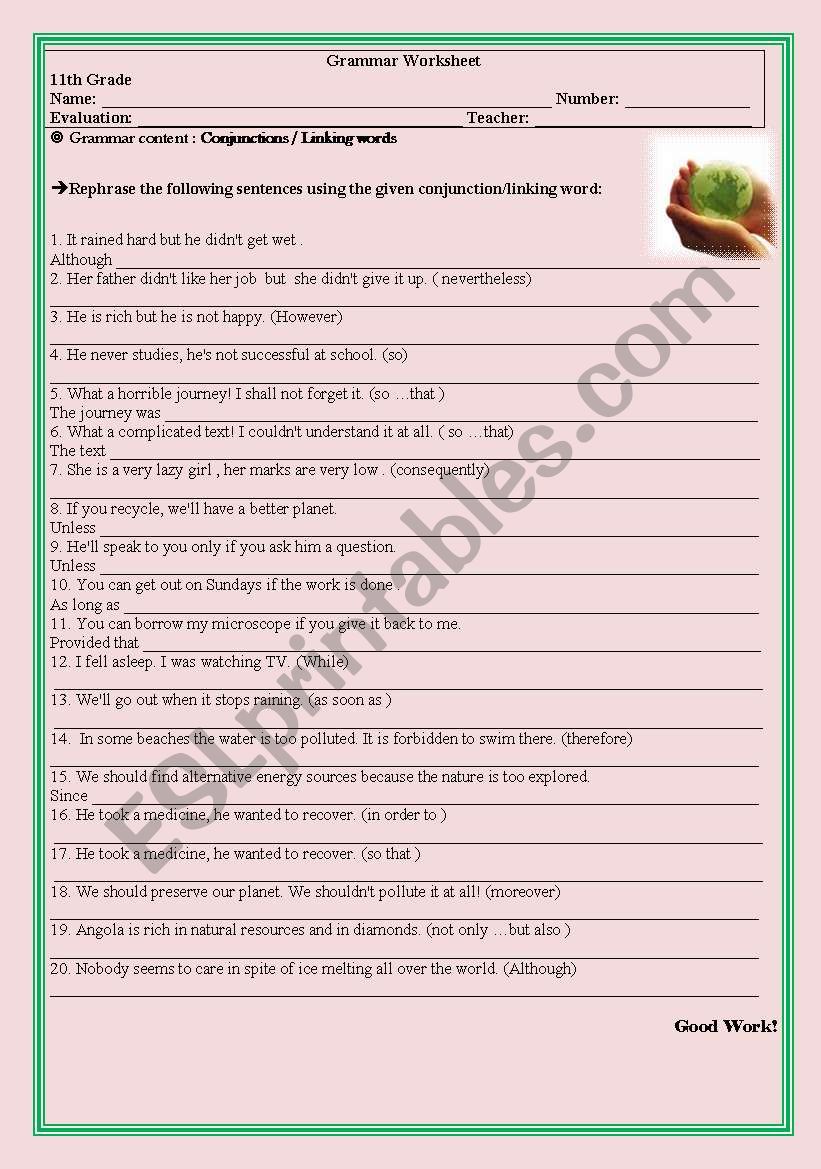 Grammar Worksheet (Conjunctions/Linking Words)