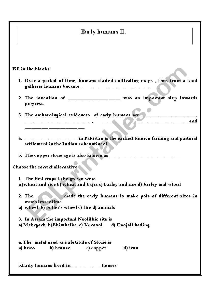 early man  worksheet