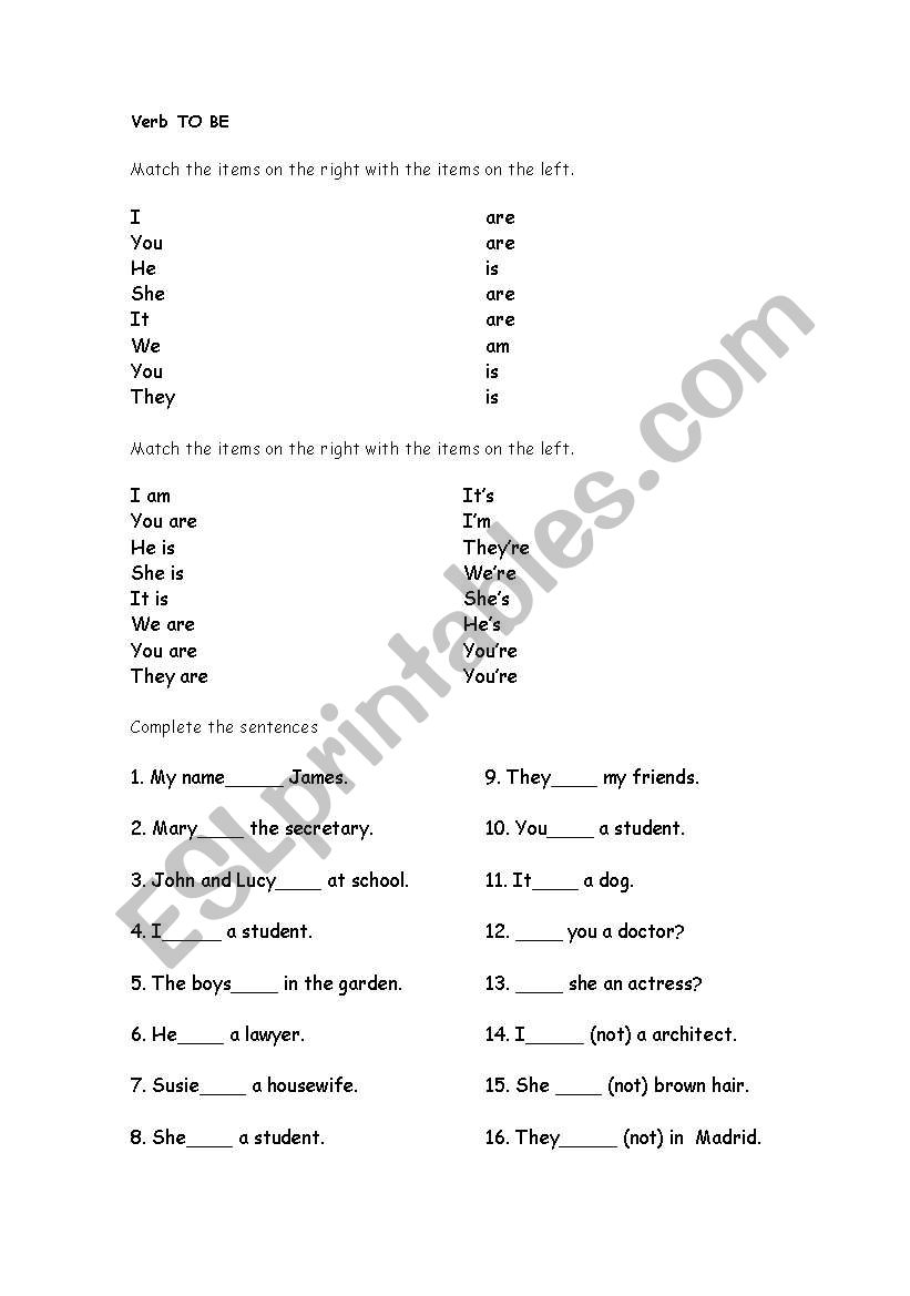 verb to be worksheet