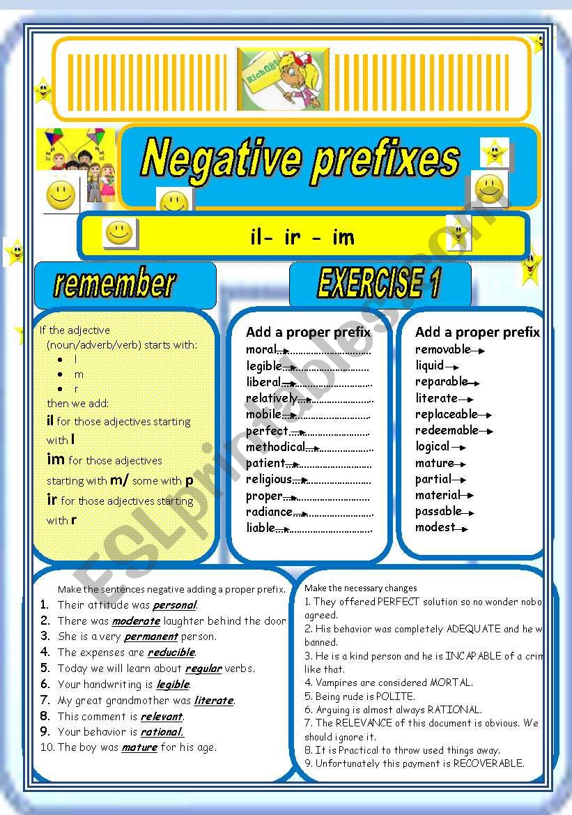 NEGATIVE PREFIXES -il -ir -im theory + 4 exercises