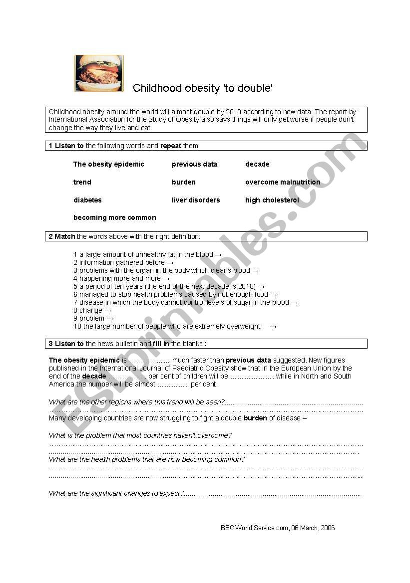 childhood obesity worksheet