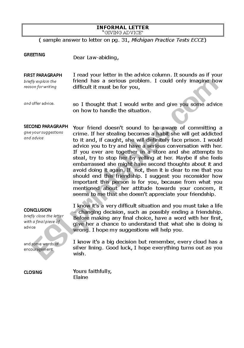 ecce informal letter sample worksheet