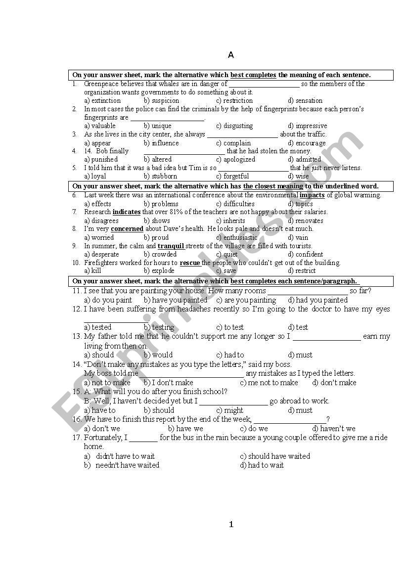 GENERAL MULTIPLE CHOICE TEST worksheet
