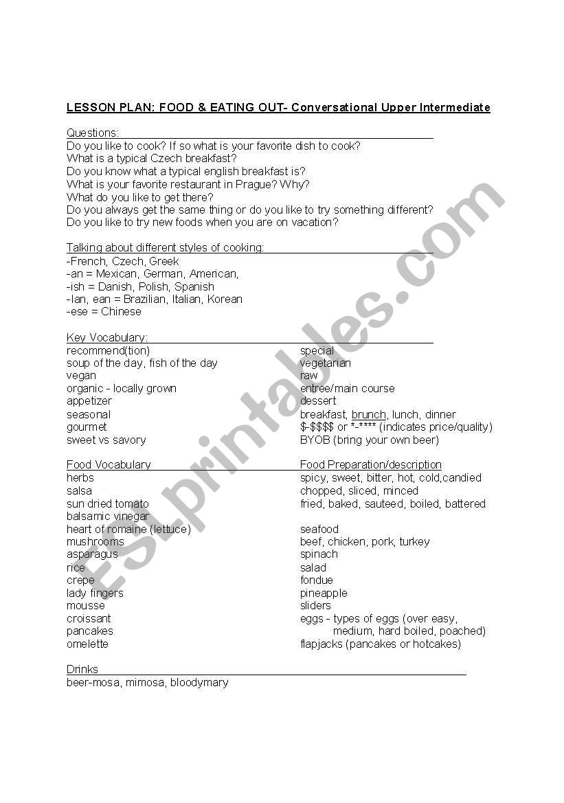 Upper Intermediate Conversational Lesson Plan - Food and Eating Out