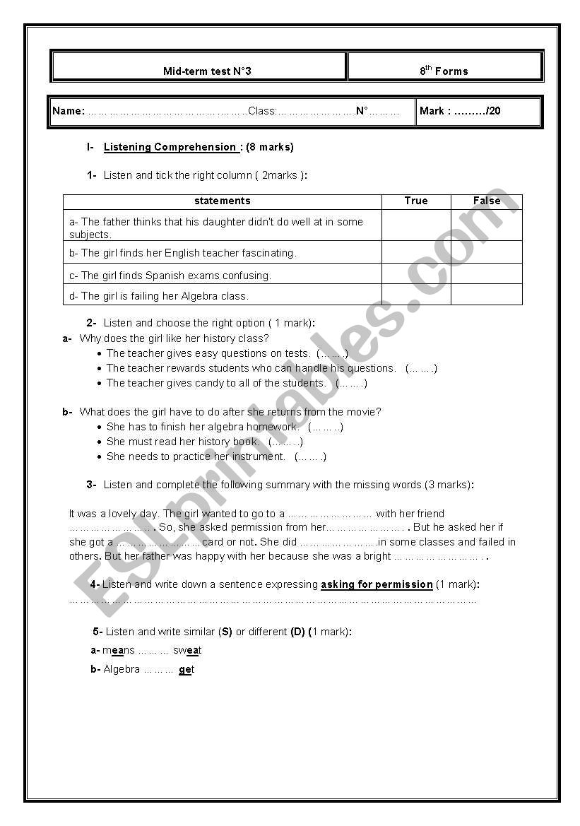 Test: Listening and Language worksheet