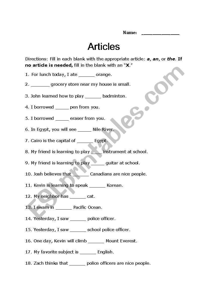 Articles Worksheet Esl Worksheet By Lordblackmoon