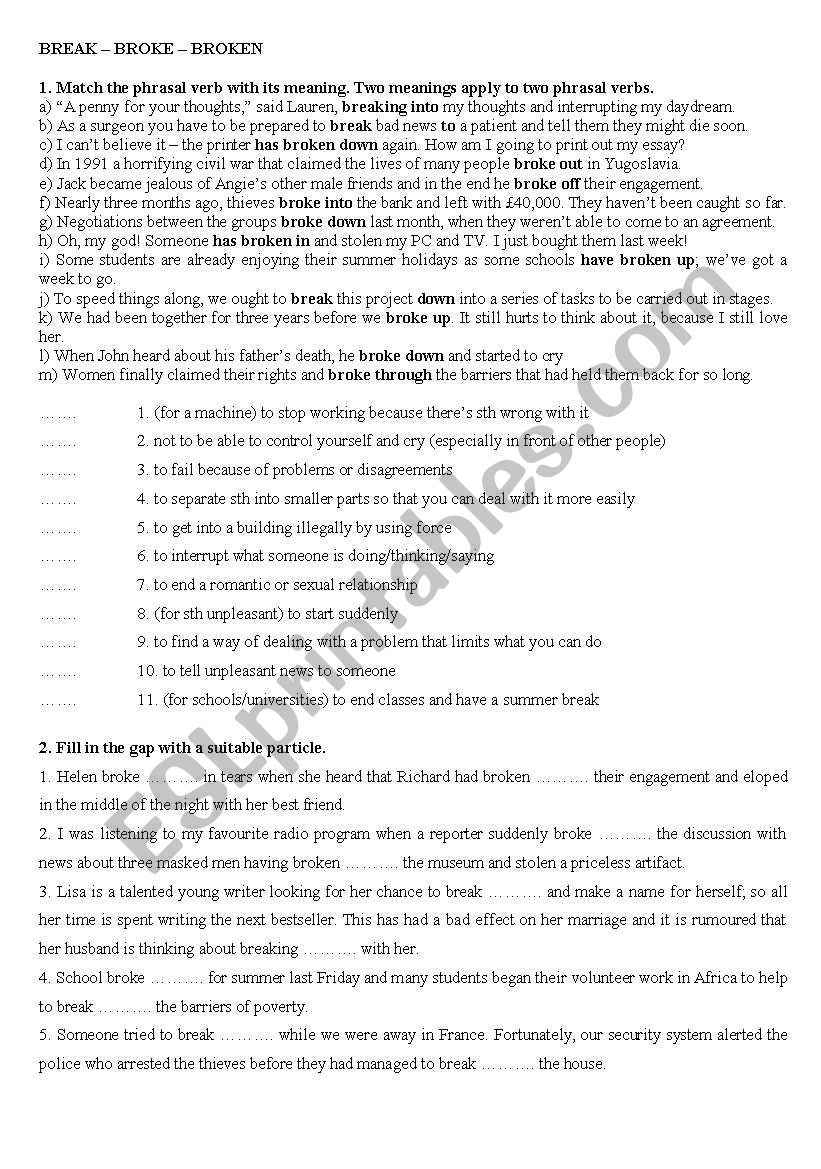 phrasal verbs (break, bring) worksheet