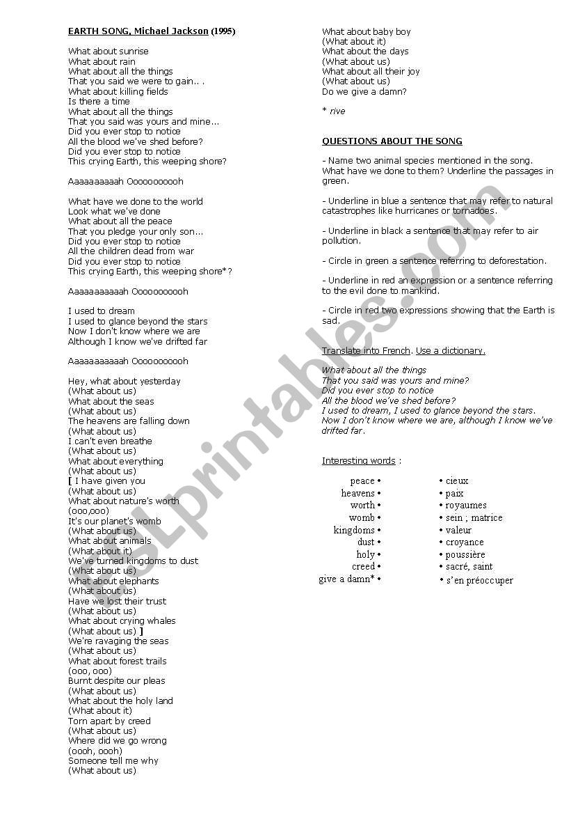 EARTH SONG MJ worksheet