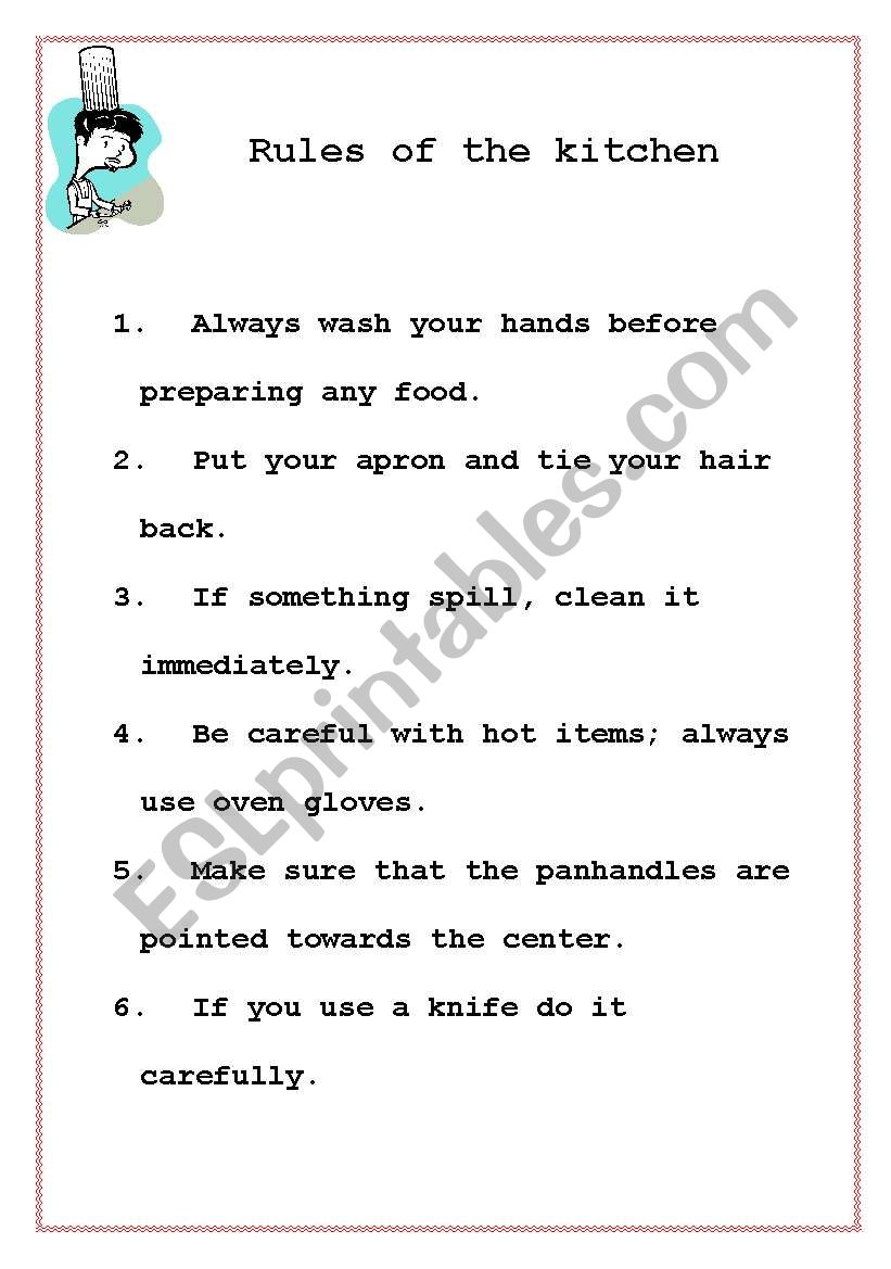 rules of the kitchen worksheet