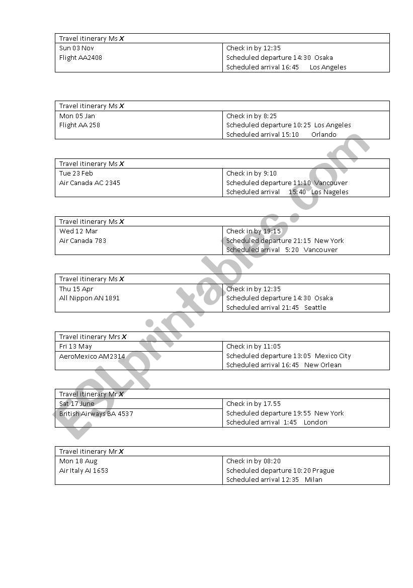 At the Airport. Itinarary worksheet