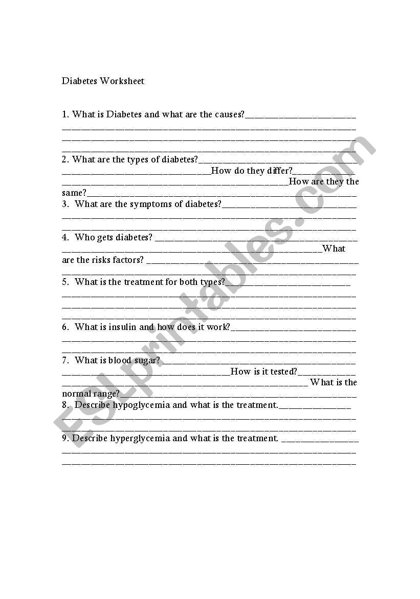 Diabetes Worksheet worksheet