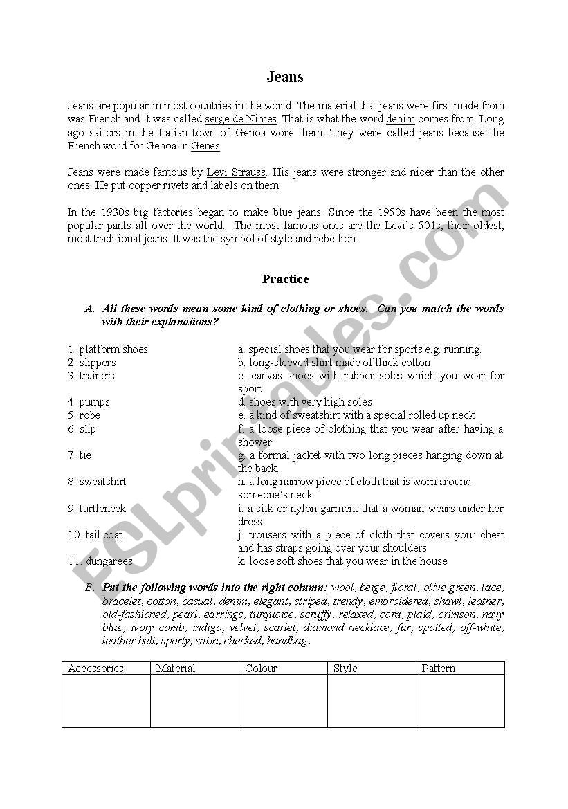 Jeans worksheet