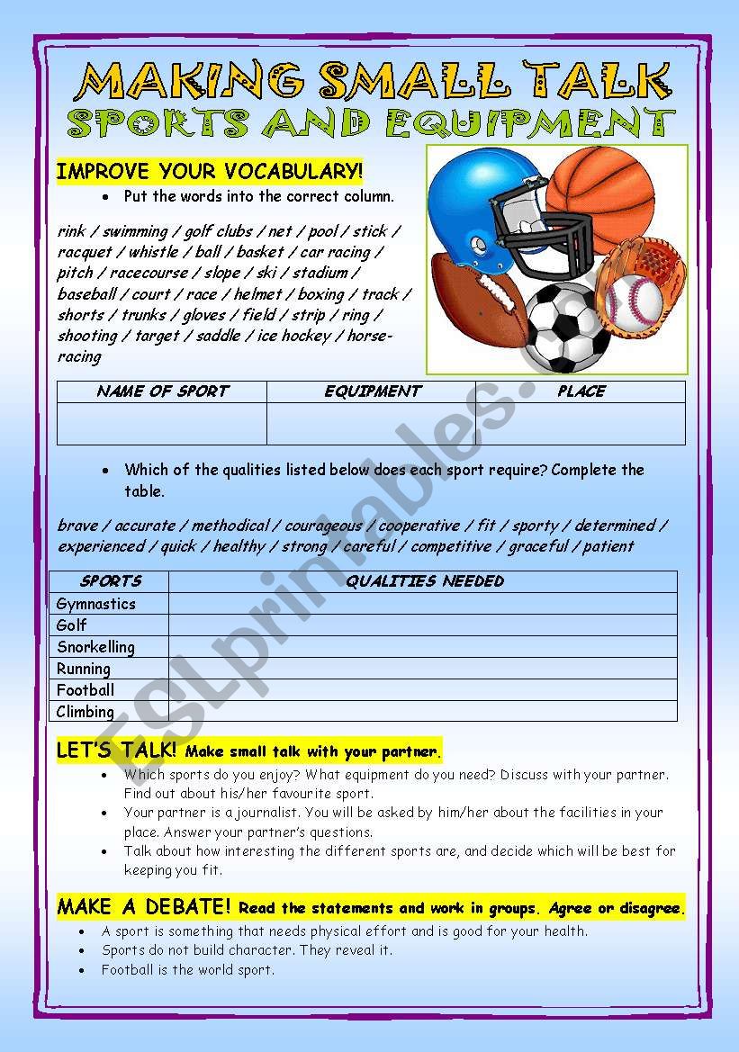 Sports and equipment - speaking practice