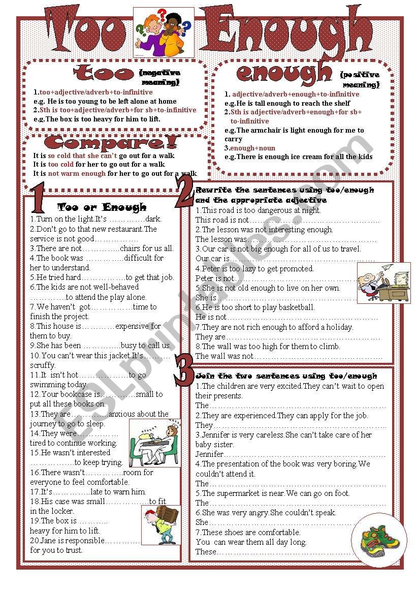 Too Enough Esl Worksheet By Kodora