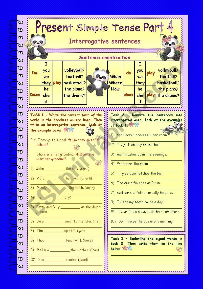 Present Simple Tense * Part 4 * Interrogative sentences * 3 pages * 9 tasks * with key