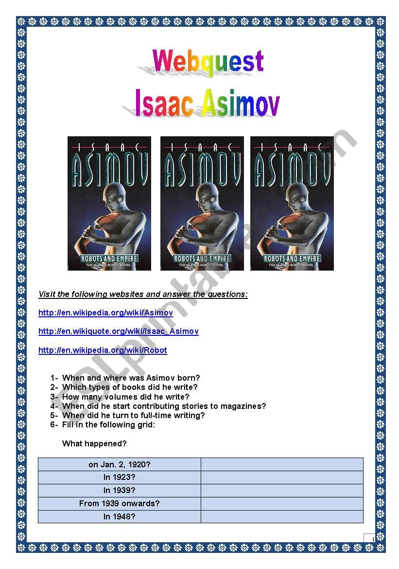 ASIMOV WEBQUEST - 4 pages, 9 tasks, Questions & KEY. ROBOT UNIT.