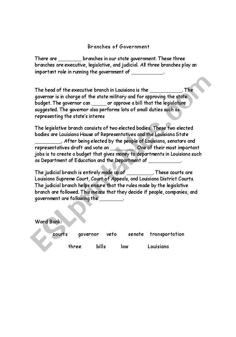 Branches of Government worksheet