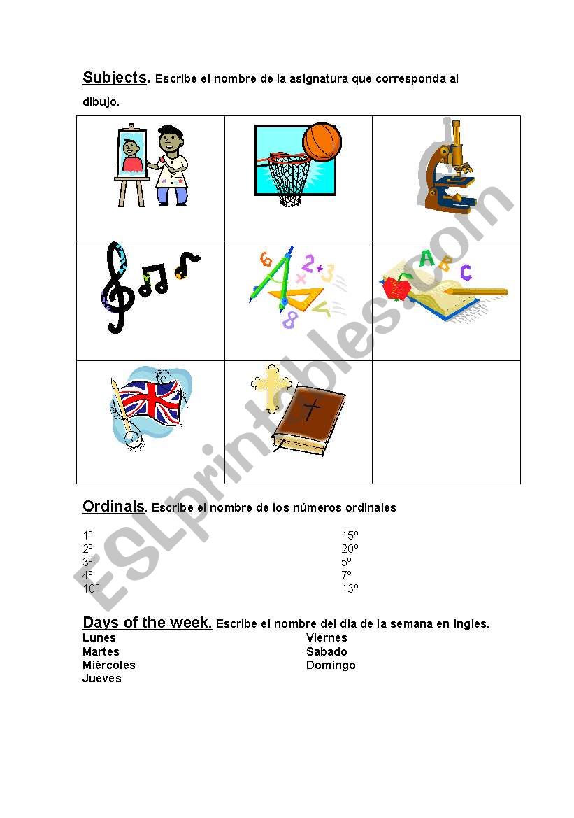 Subjects worksheet