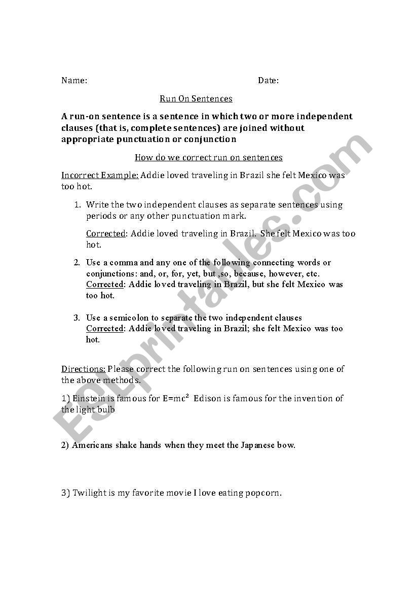 Run on Sentences worksheet