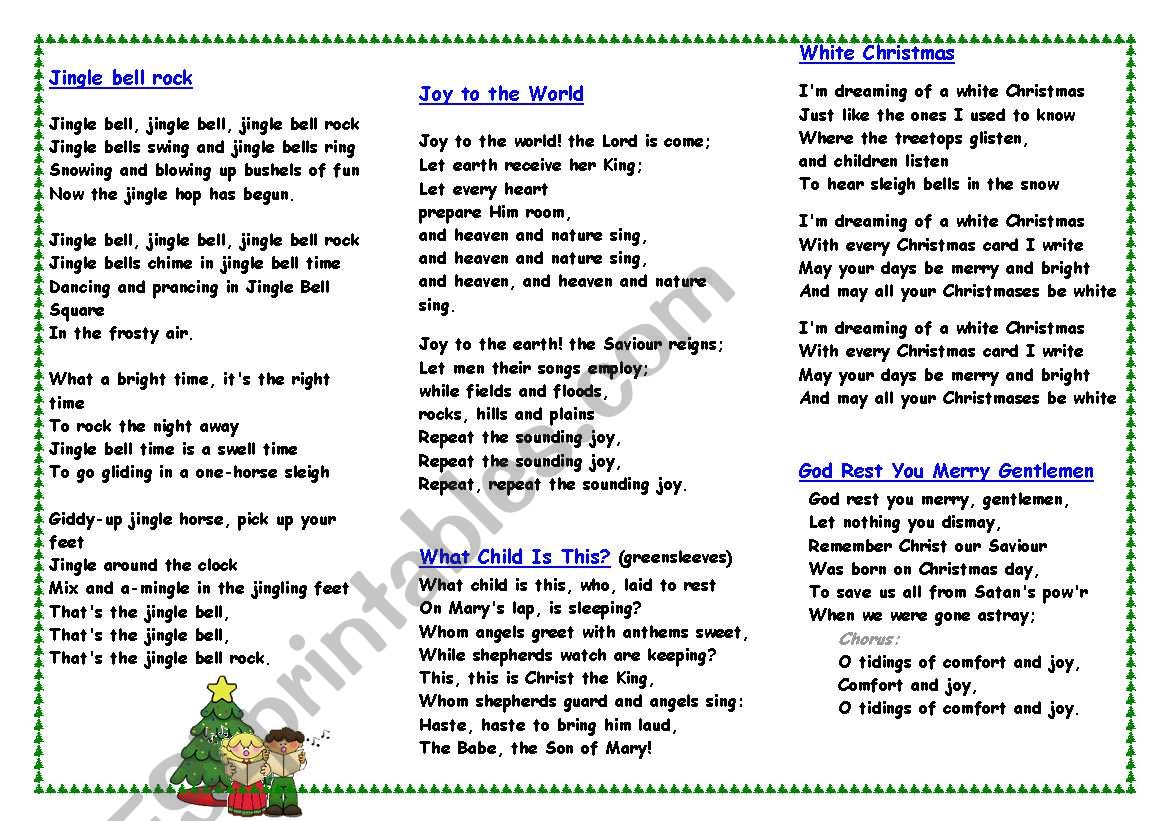 Christmas carols and songs worksheet