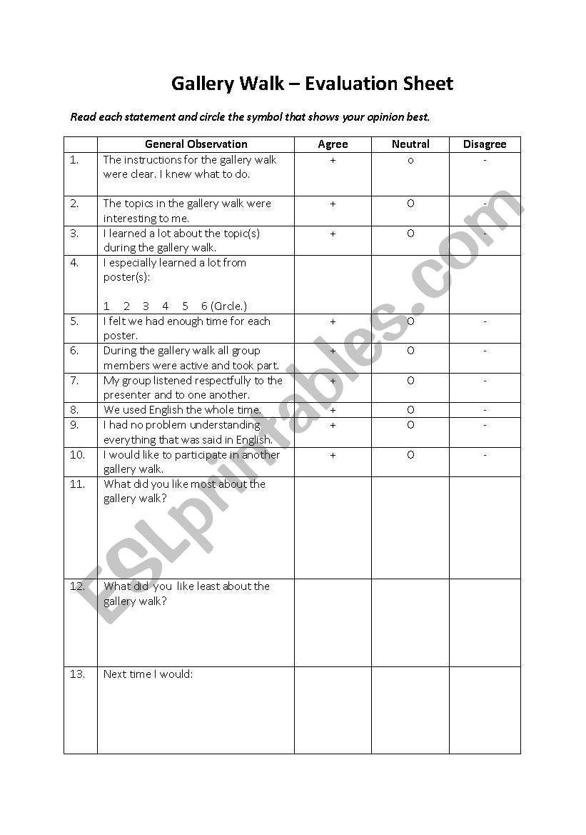Gallery walk-evaluation sheet worksheet