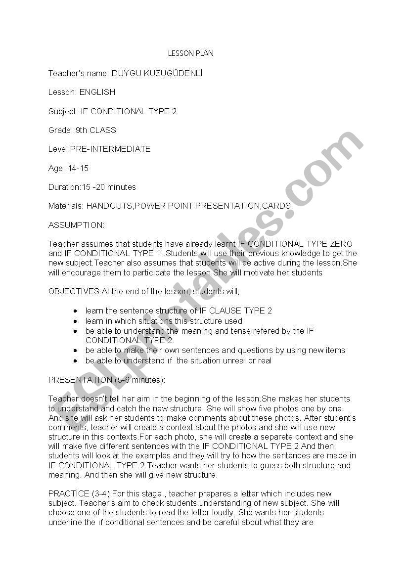 IF CONDITIOANALS TYPE 2 LESSON PLAN 