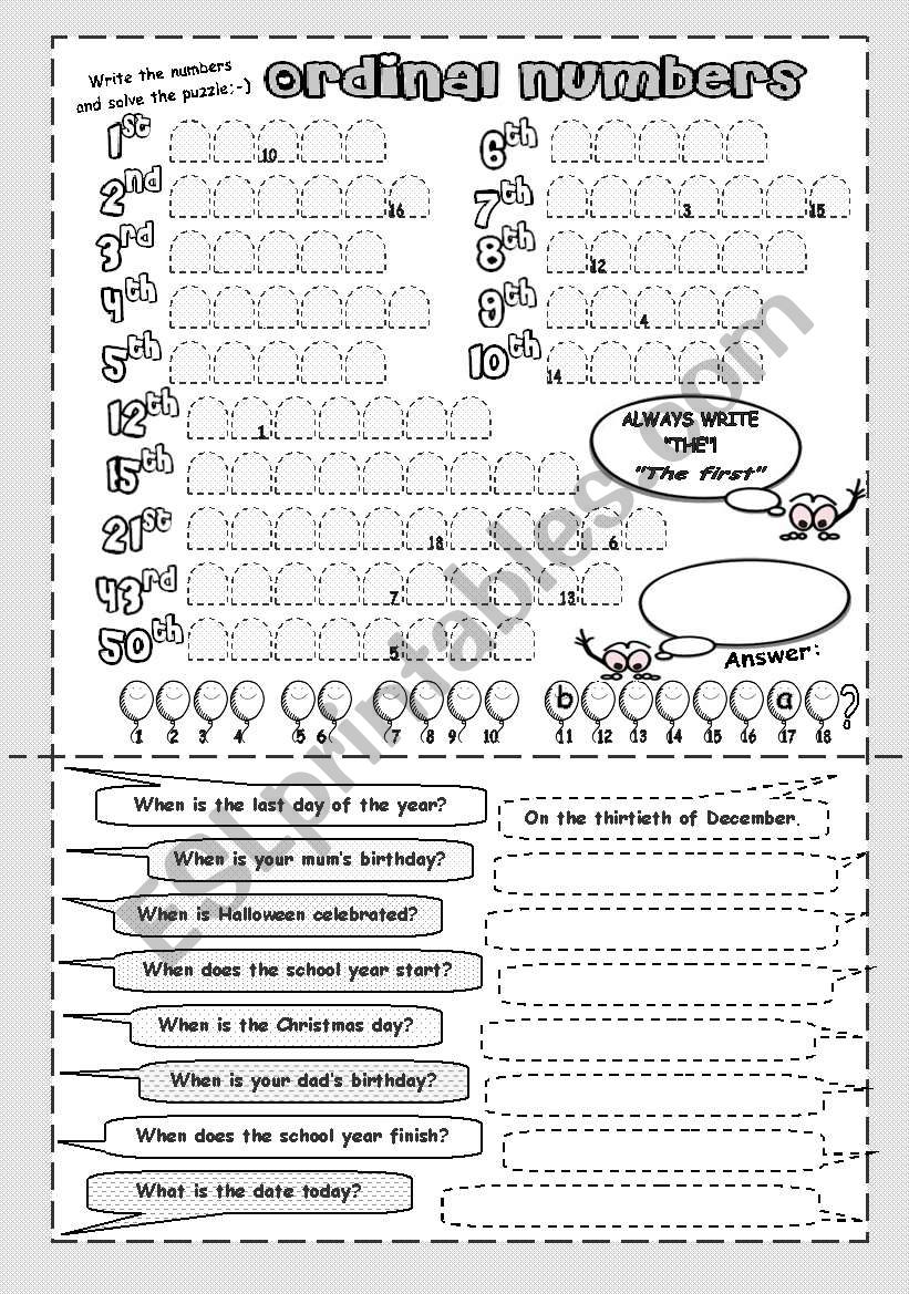 Ordinal numbers worksheet