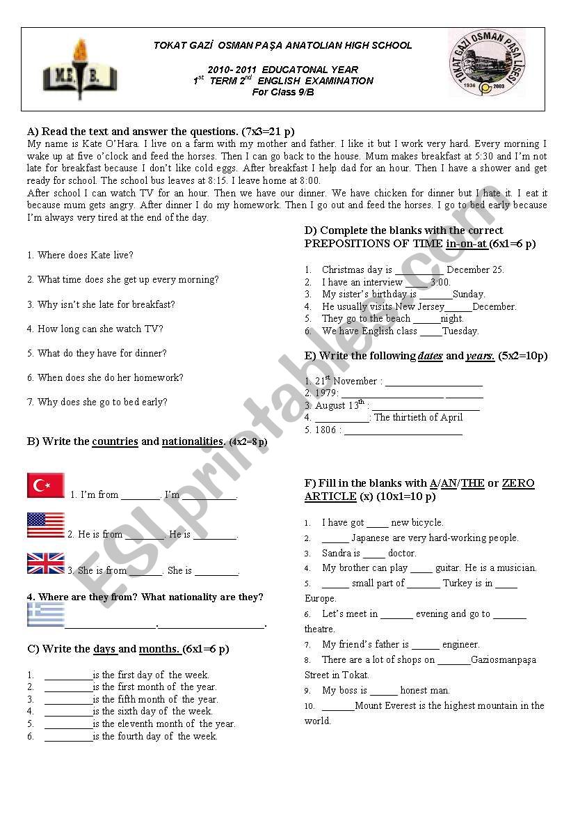 2010- 2011  EDUCATONAL YEAR 1st  TERM 2nd  ENGLISH  EXAMINATION for ANATOLIAN HIGH SCHOOLS, CLASS 9 STUDENTS