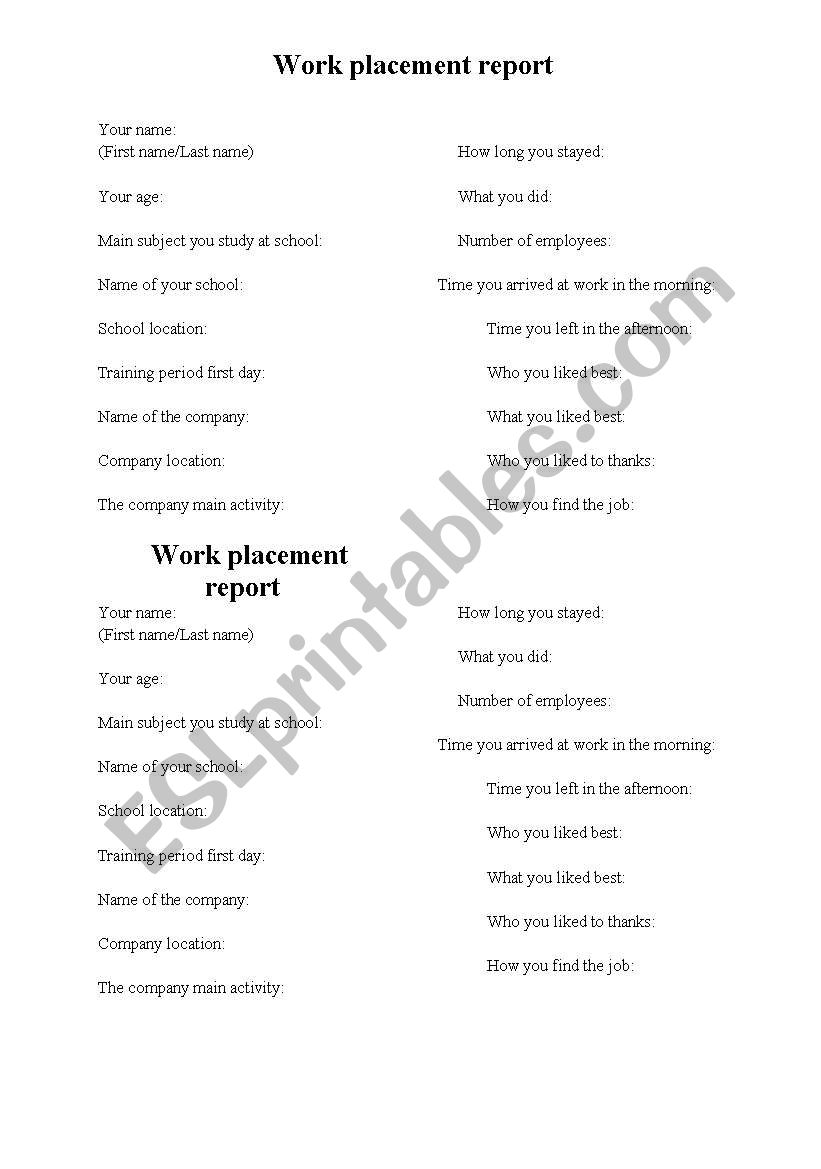 work placement rport worksheet