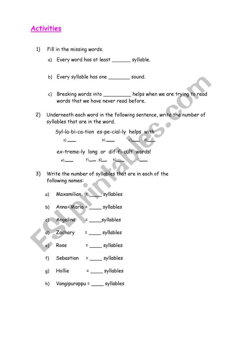 SYLLABICATION worksheet