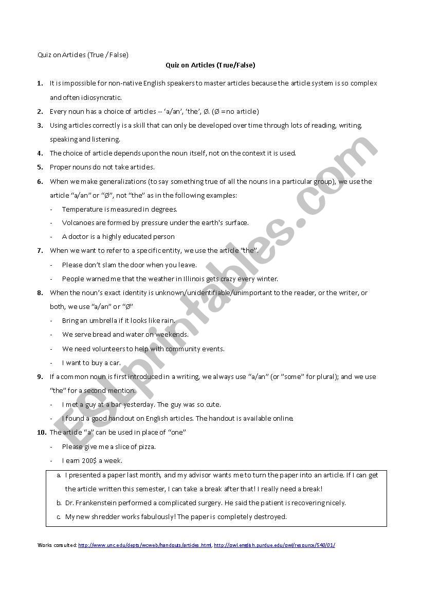 Articles True or False Quiz worksheet