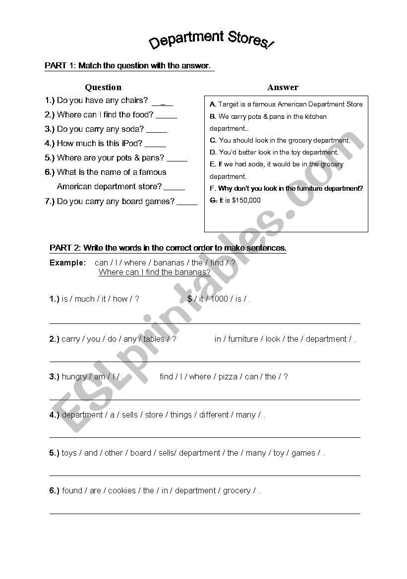 Shopping & Department Store Worksheet