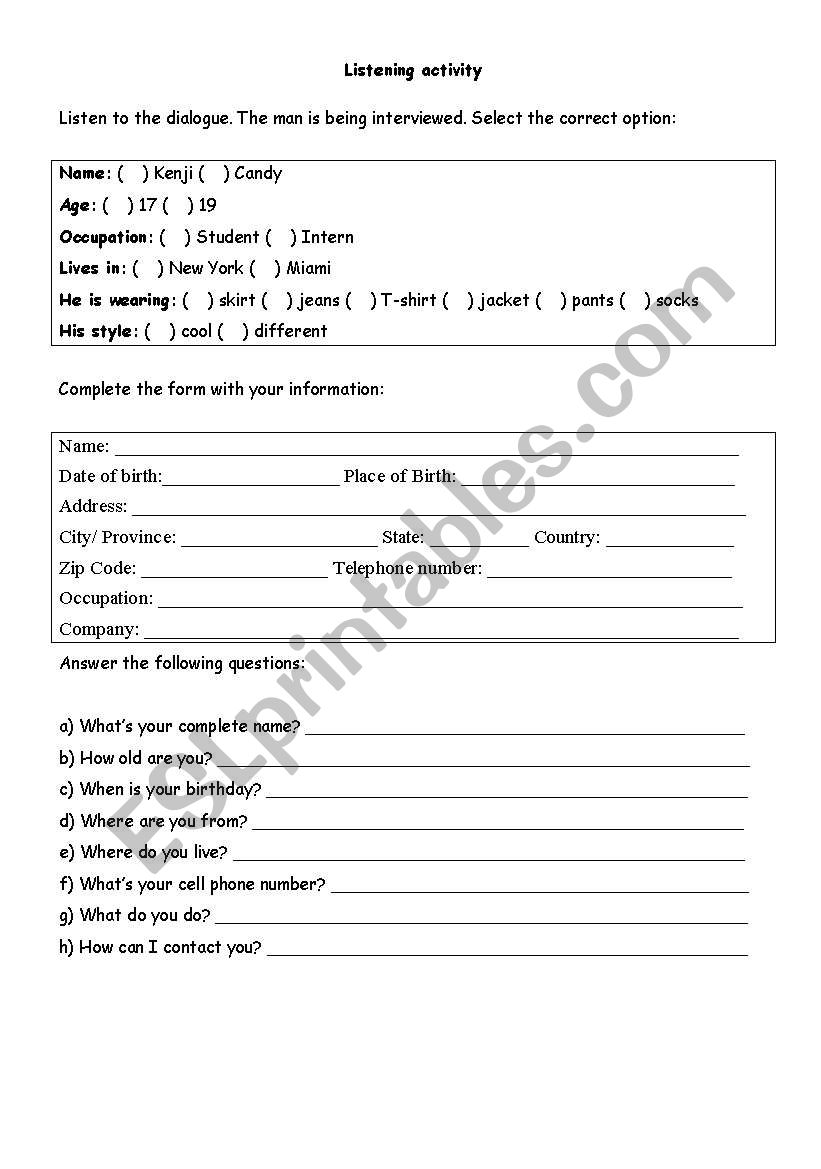 Listening activity worksheet