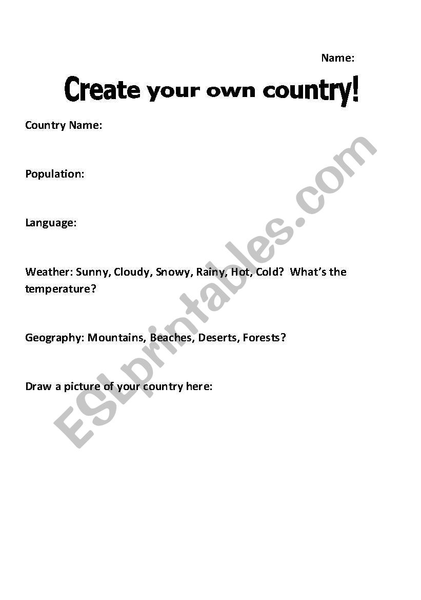 Create your own country worksheet