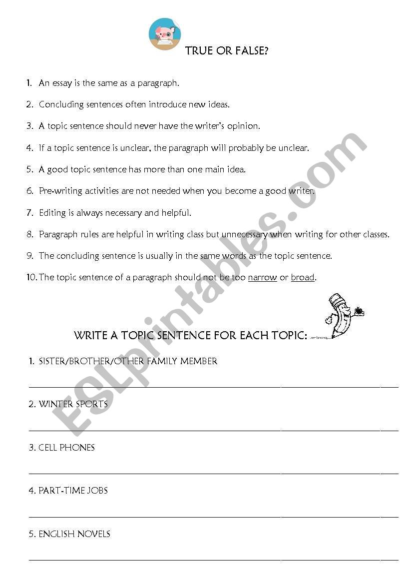 Paragraph Writing: Topic sentence & pre-writing practice - ESL Pertaining To Writing A Topic Sentence Worksheet