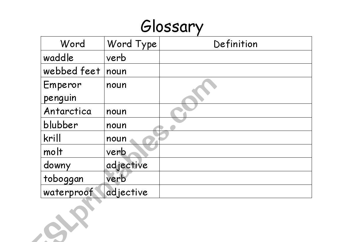 Penguin Unit Glossary Page worksheet