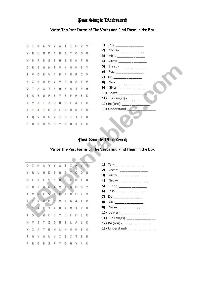 Past Simple Wordsearch worksheet