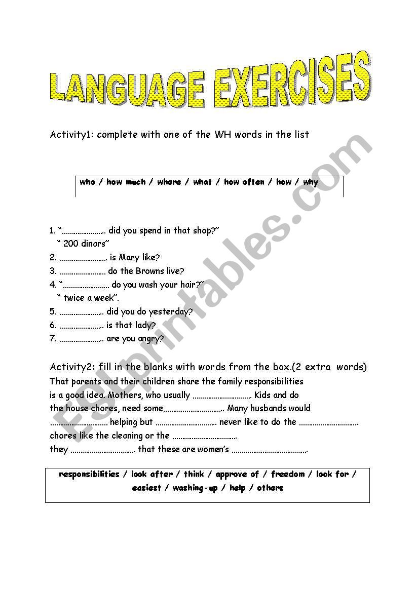 Language activities worksheet