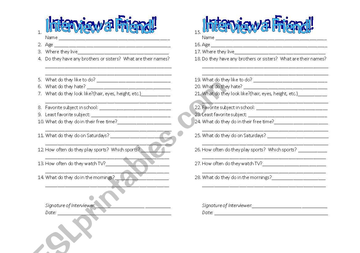 Interview a Friend! worksheet