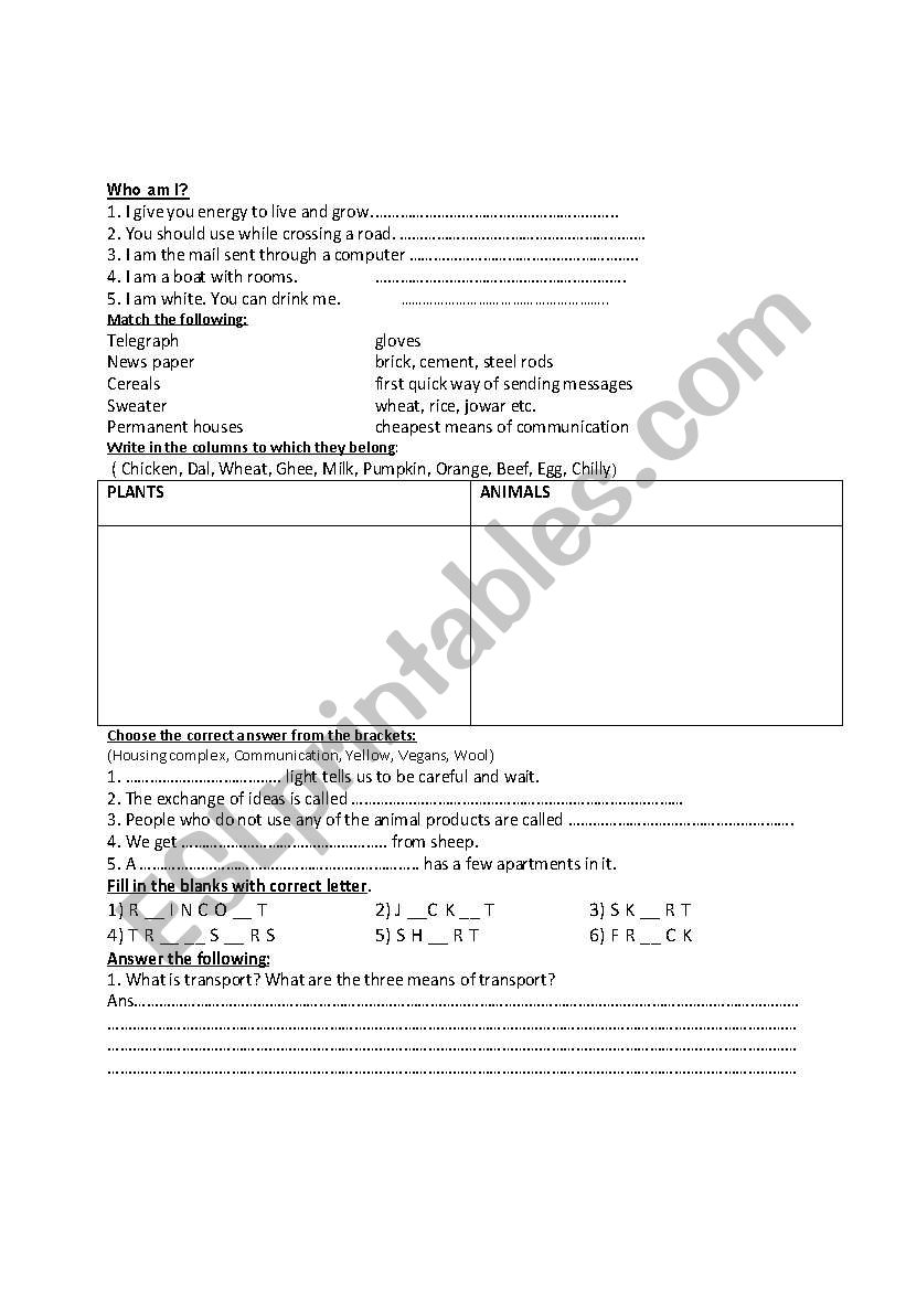 food, clothes & shelter worksheet