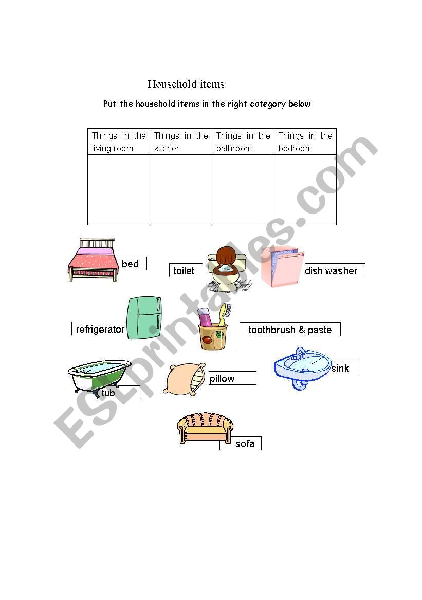  Household items worksheet