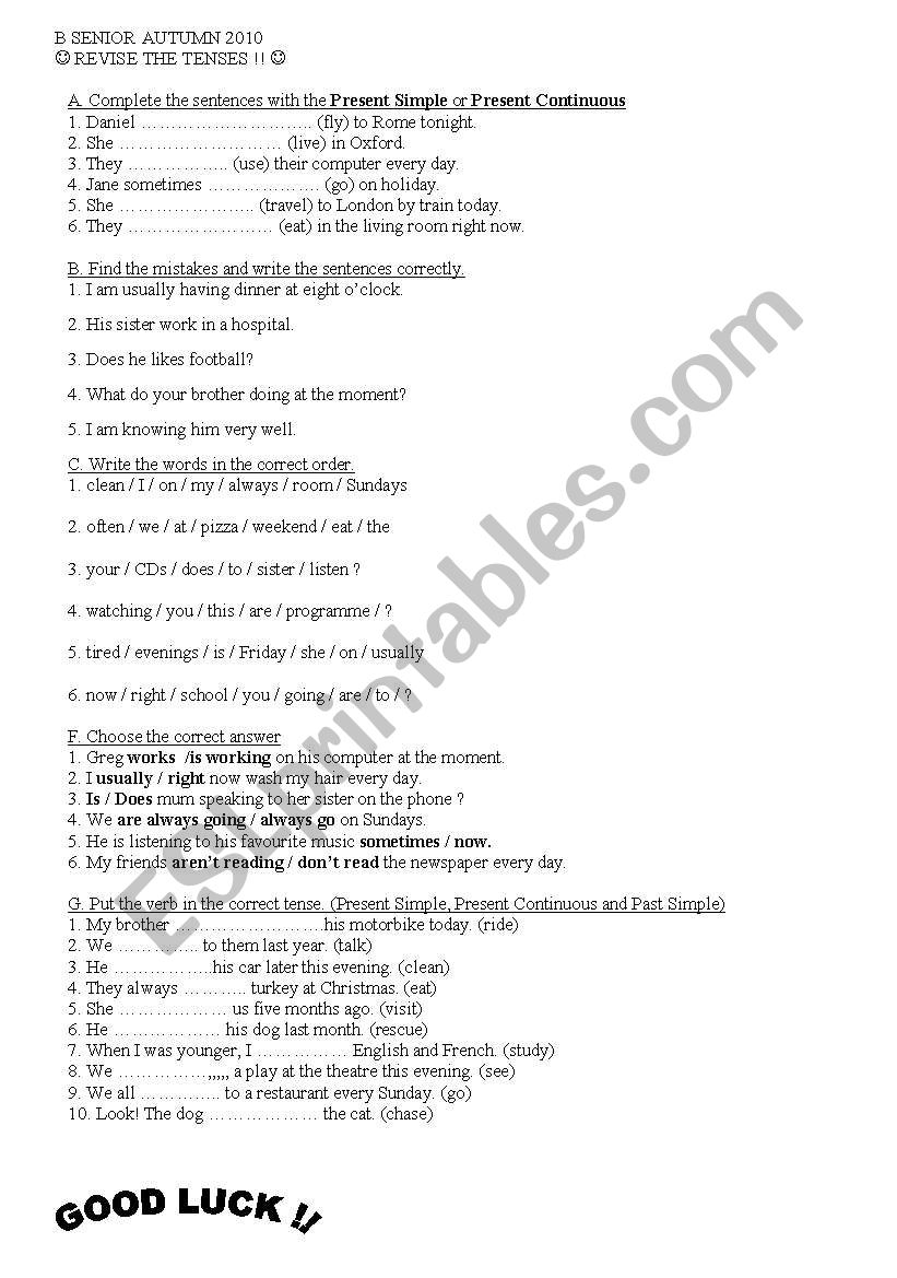 test on tenses worksheet