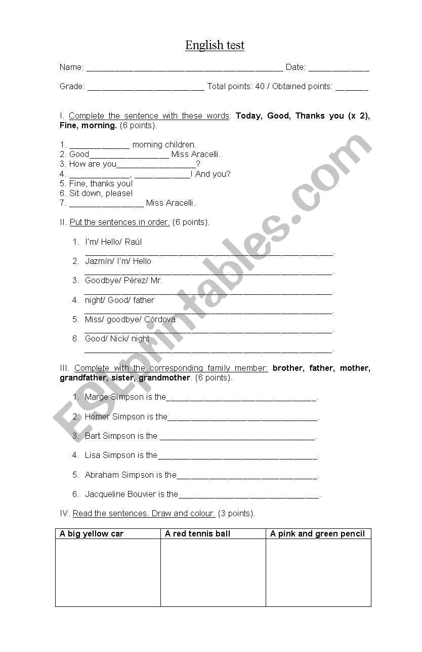 English test 5º grade worksheet