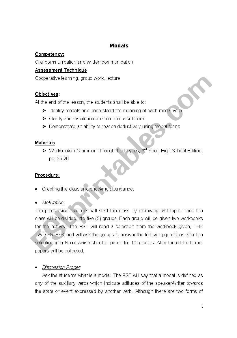 modal verb lesson plan worksheet