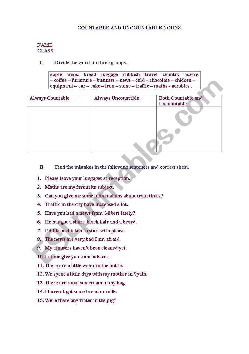 countable uncountable nouns worksheet