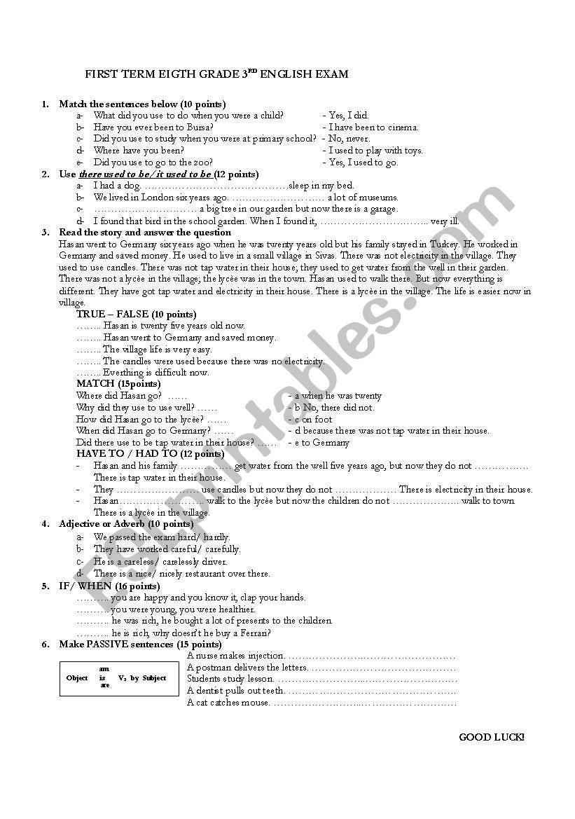 8th grade third exam worksheet