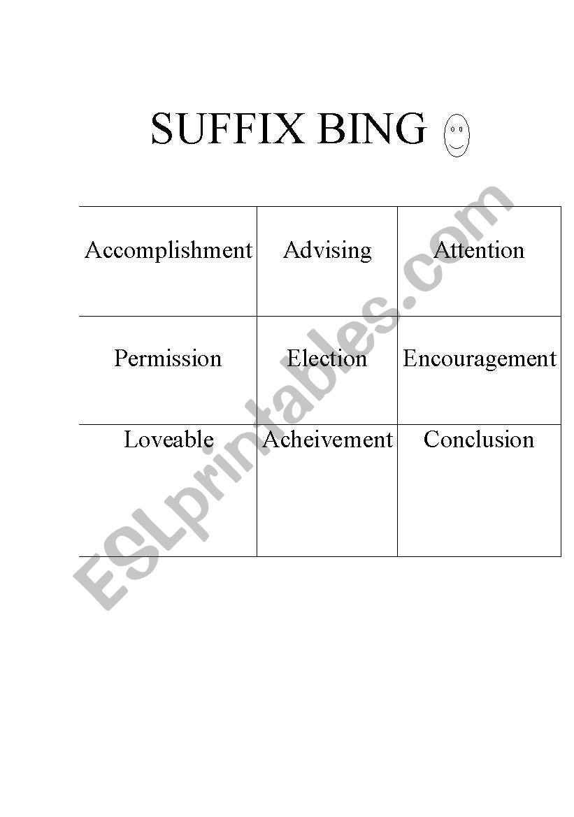 Suffix Bingo Game worksheet