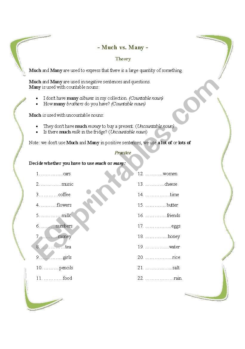 Much vs. Many worksheet